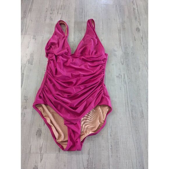 J. Crew Ruched V-Neck one-piece swimsuit women's size 12 pink barbie coverage - Picture 1 of 7